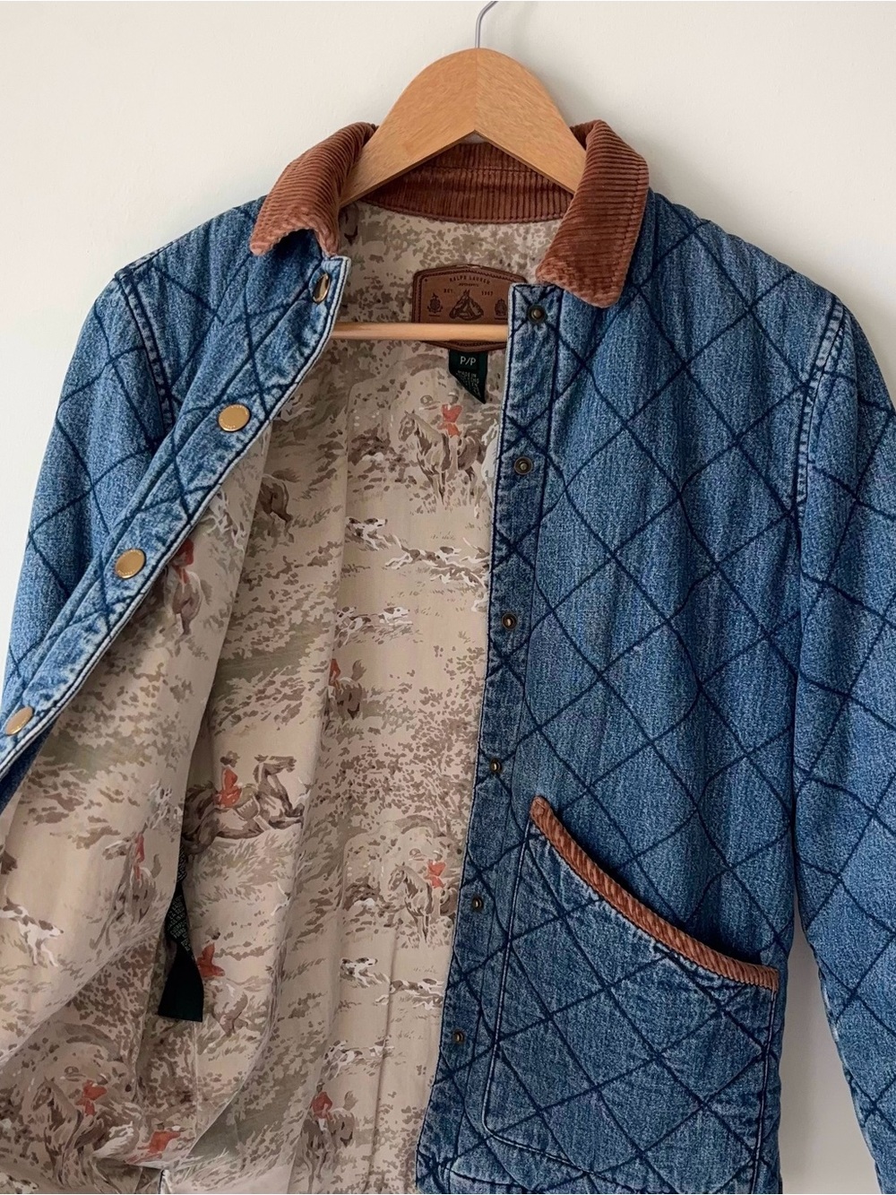 Vintage Lauren Ralph Lauren Quilted Denim Barn Coat Size P Corduroy Chore Lined - Picture 5 of 14